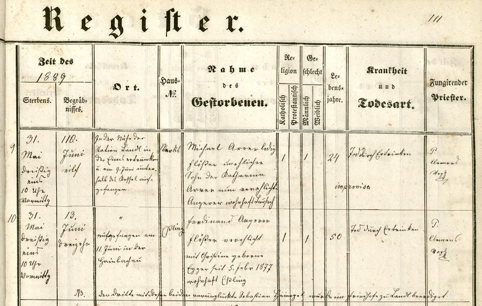 Matrikel Altenmarkt 1889 Flößerunfall